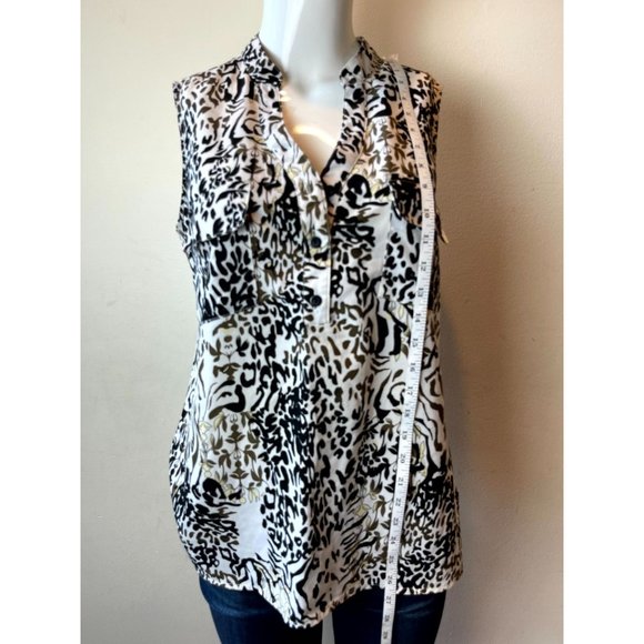 Notations Women Henley Blouse Top Animal Leaf Print Snap Front Button Black Whit - Picture 3 of 7